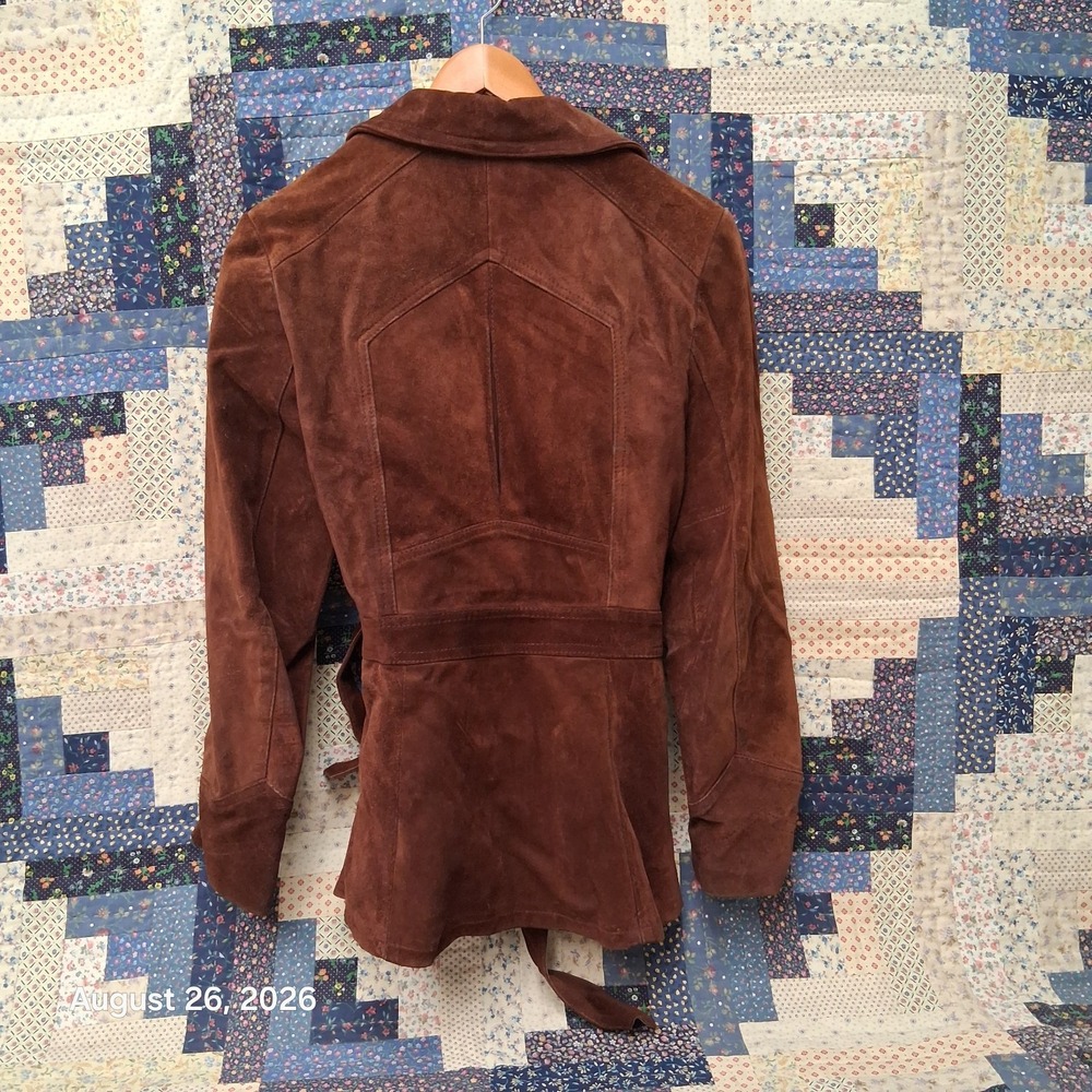 * Vintage 70s Brown Suede Leather Belted Jacket Coat Womens Small Boho Argentina - Picture 2 of 10